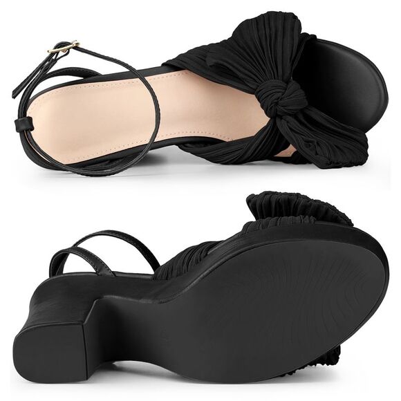 Women's Platform Pleated Bow Slingback Block High Heel Sandals Black - Picture 5 of 6
